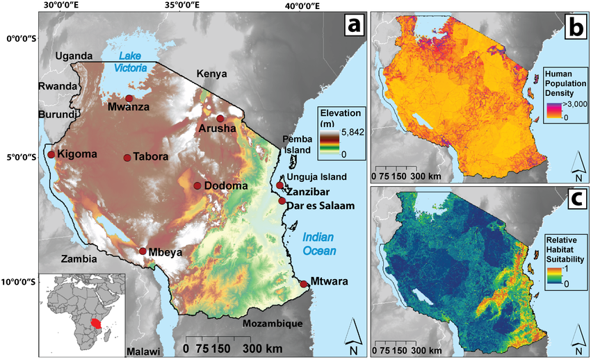 Tanzania Population Density Map Islands With Names