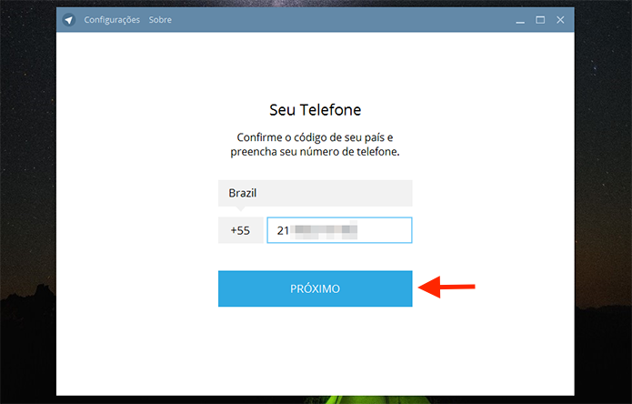 Definindo um número de celular para usar o Telegram no PC (Foto: Reprodução/Marvin Costa)