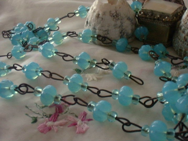 Baroque Aqua Blue Opaline Beaded Rosary Chain Aged Dark Patina wire links Czech Glass beads