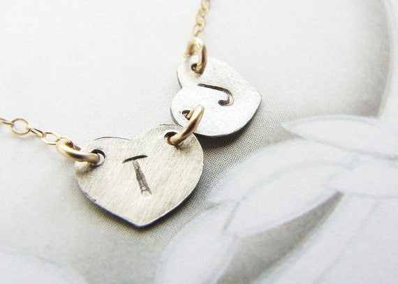 Double Initials necklace personalized initial oxidized silver heart, couple kids two initials necklace Valentine Heart Jewerlry