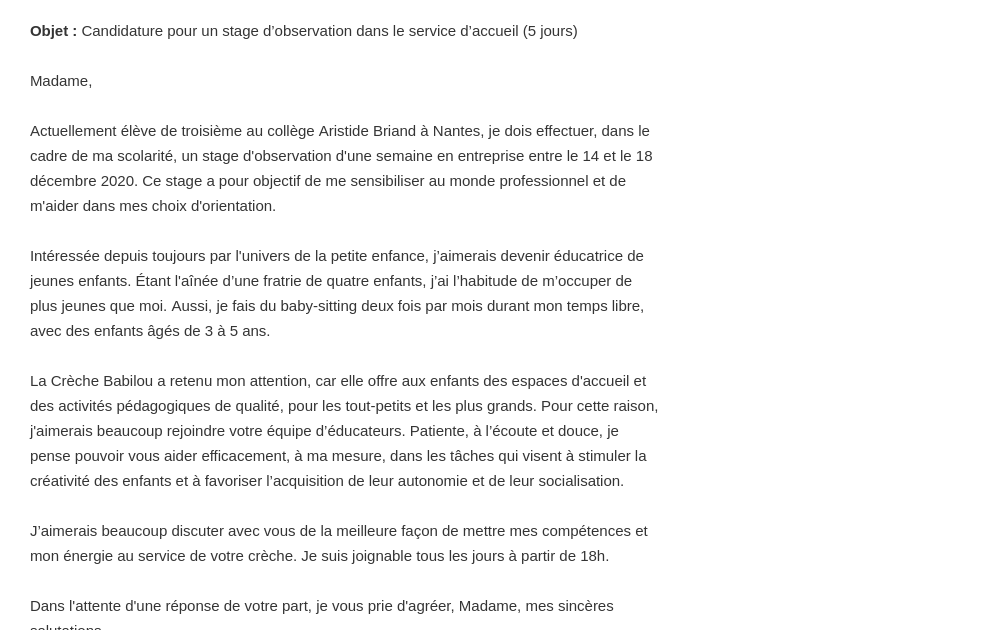 Lettre De Motivation Simple Pour Un Stage D'observation