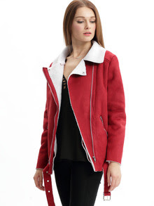 Wine Red Long Sleeve Lapel Quilted Zipper Coat