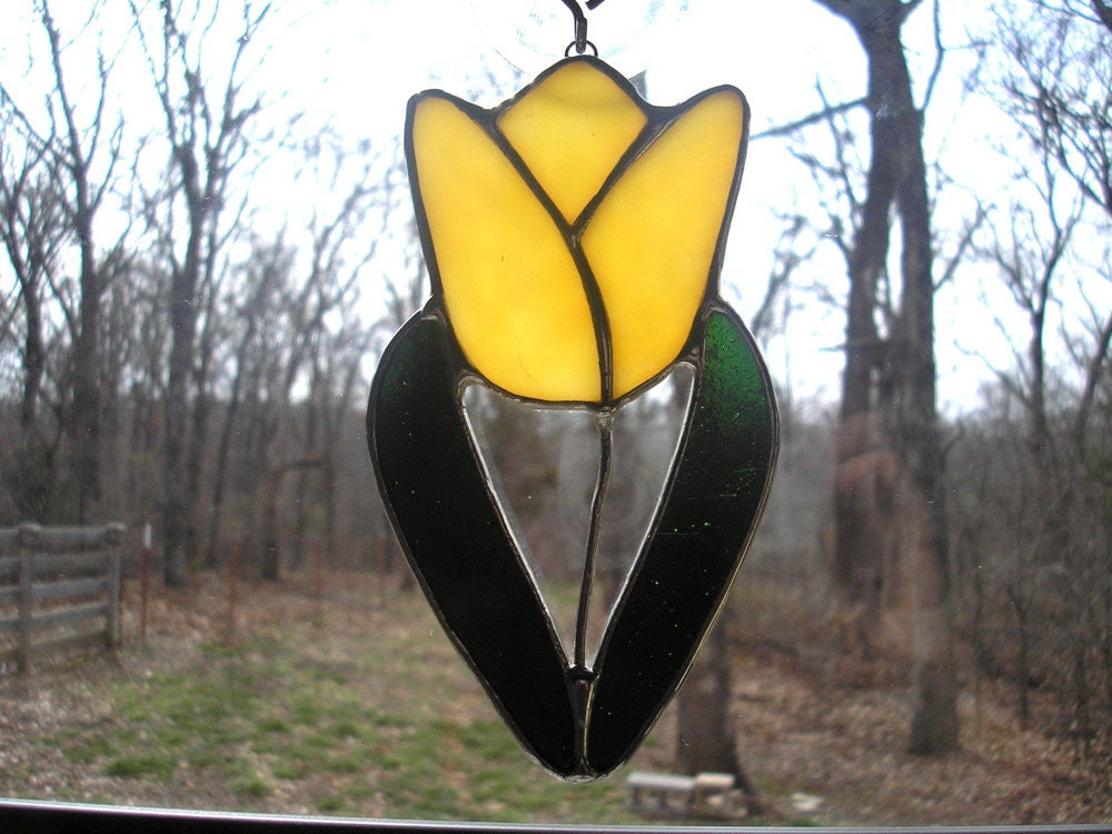LT Stained glass Yellow Tulip flower sun catcher light catcher made with yellow opal glass - UniqueStainedGlass LT Stained glass Yellow Tulip flower sun catcher light catcher made with yellow opal glass - UniqueStainedGlass