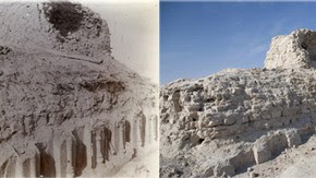 View looking along base of stupa, Miran, Sir Marc Aurel Stein, 1906. Photo 392/27(118), © The British Library Board (left). Same view, Victoria Swift, 2008. Photo 1187/2(131), © International Dunhuang Project (right)