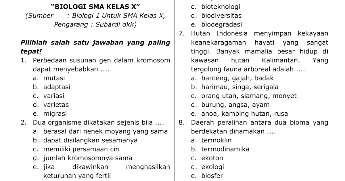 Soal Biologi Sma Keanekaragaman Hayati  Binca Books