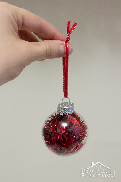 DIY Glass Ball Christmas Ornaments - Red tinsel