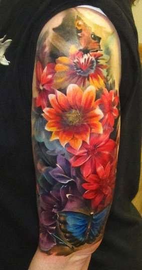 Awesome Tattoo Pics: watercolor floral flower half sleeve tattoo. I