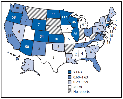 The figure above show the number and rate of reported foodborne norovirus outbreaks (per 1 million person-years), by state, in the United States during 2009-2012. Foodborne norovirus outbreaks were reported by 43 states, with the number per state ranging from one to 117 (median = nine).