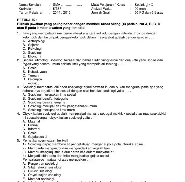 Contoh Soal Sosiologi Kelas 10 Semester 2 Dunia Sekolah ID Contoh Soal Sosiologi Kelas 10 Semester 2 Dunia Sekolah ID