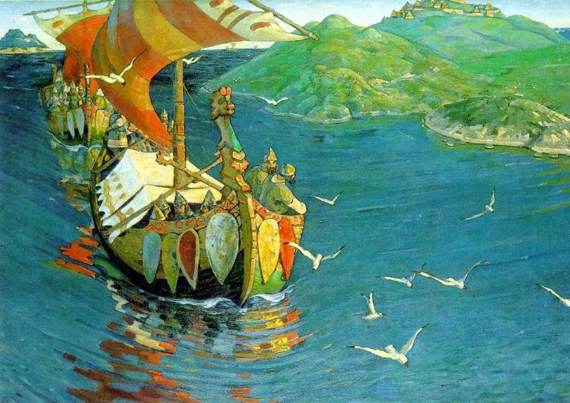 Arrivee des Vikings Varangues en Russie, peinture de Nikolai Roerich, 1899