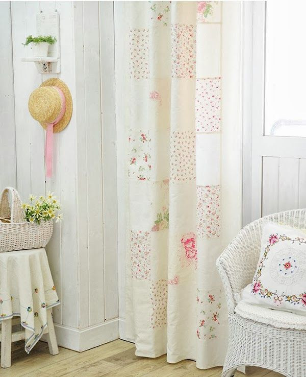 Patchwork Linen Curtains hanging in shabby chic living room
