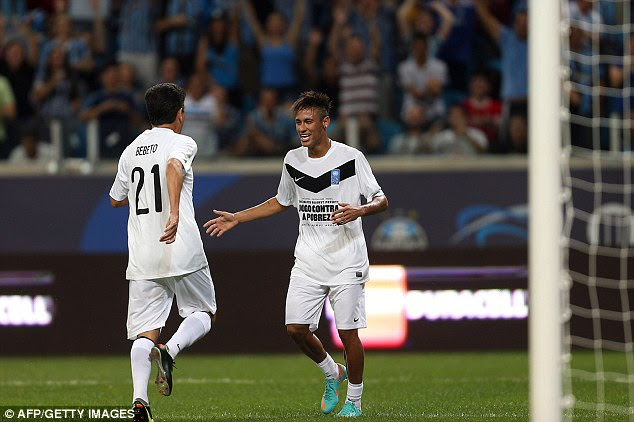 How's that? Bebeto celebrates scoring the opener with Neymar (right)