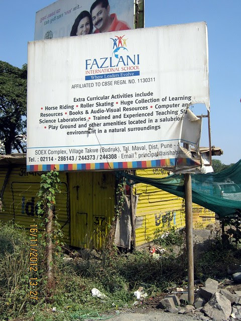 Fazlani International School at Takwe Budruk Maval - board on Old Mumbai Pune Highway - N H 4