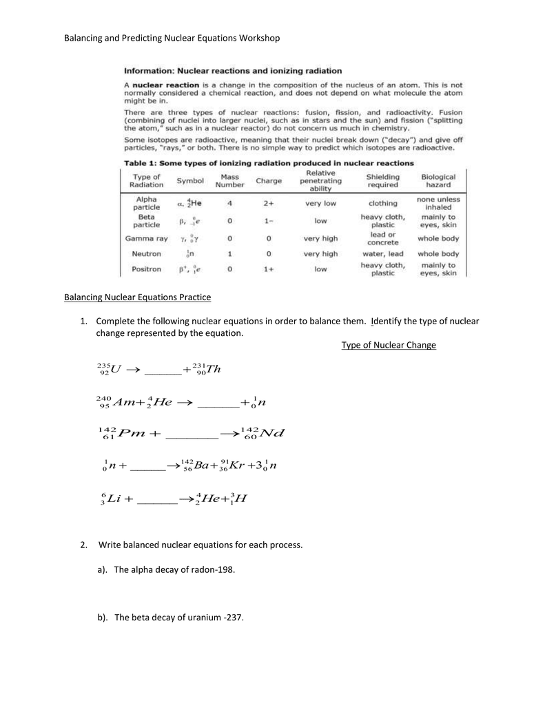 29 Unit 16 Nuclear Chemistry Balancing Nuclear Reactions Worksheet
