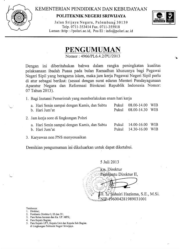 Contoh Surat Pemberitahuan Jam Kerja