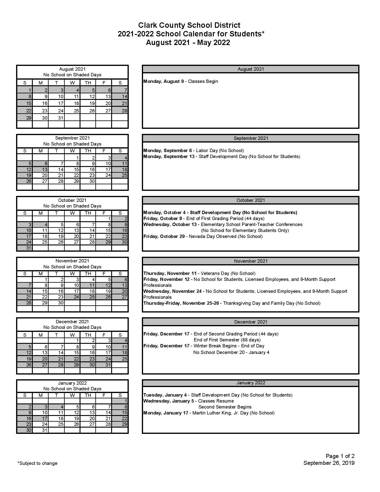 Greater Clark County Schools Calendar 2022 2023 January Calendar 2022