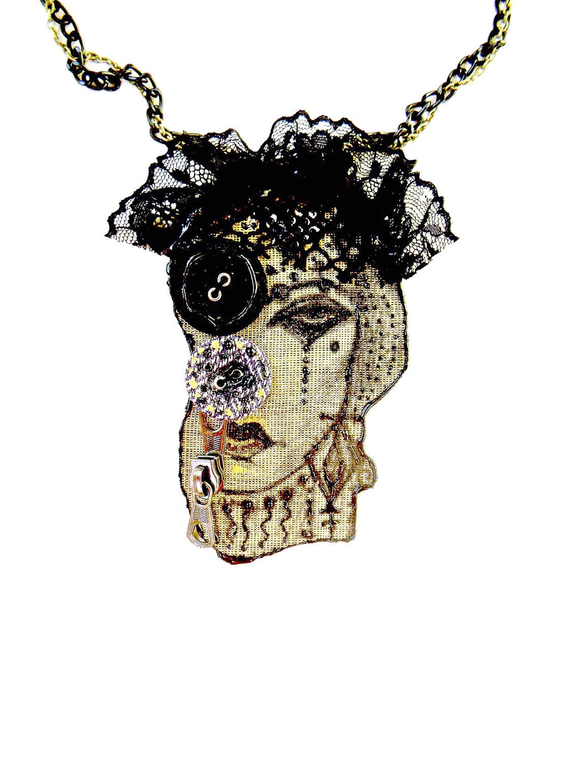 Statement necklace, steampunk, original drawing, vampire, textile jewelry, lolita, lace, gothic, circus, weird, burlesque, whimsical - Elyseeart