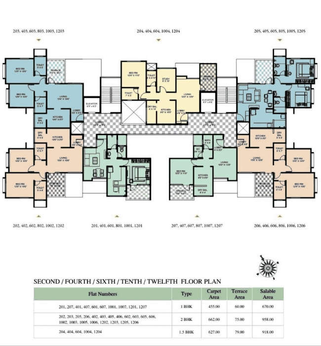 1 BHK Flat - 455 Carpet 60 Terrace - Rs. 27.75 Lakhs, 1.5 BHK Flat - 621 -627 Carpet 60 -79 Terrace - Rs. 36.19 - 37.62 Lakhs, 2 BHK Flat - 662 Carpet 194 Terrace - Rs. 43.59 - 44.20 Lakhs - Gloria at Nande near Hinjewadi Even Floor Plan