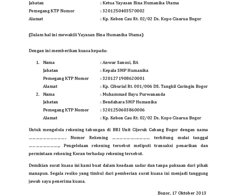 Contoh Surat Kuasa Pengelolaan Rekening Contoh Surat