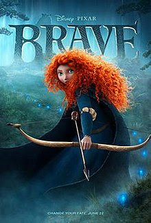A girl with long, curly red hair stares at the viewer holding a bow and an arrow. Behind her is the film's title while at the left shows a bear staring at her.