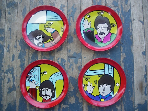 Beatles Yellow Submarine Hand Painted Plates Set of the Fab Four