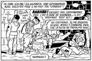 Una vignetta piena di riferimenti vari, ai fascisti dell'epoca, a Leblanc, a Tintin, alla Storia ecc.