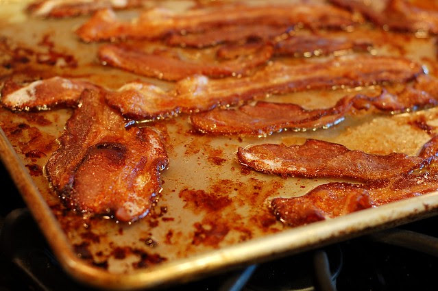 Bacon out of the oven by Eve Fox, Garden of Eating blog, copyright 2013