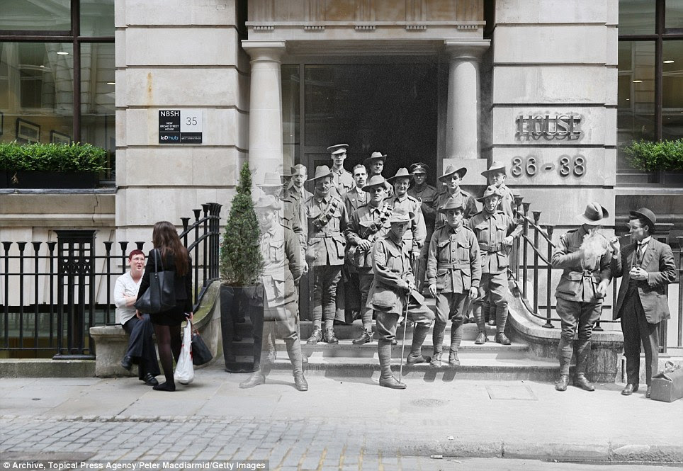 Posted: Australian soldiers outside Egypt House in London, where The Australian Bank is housed in 1917. Officer workers are also seen outside on July 11 this year