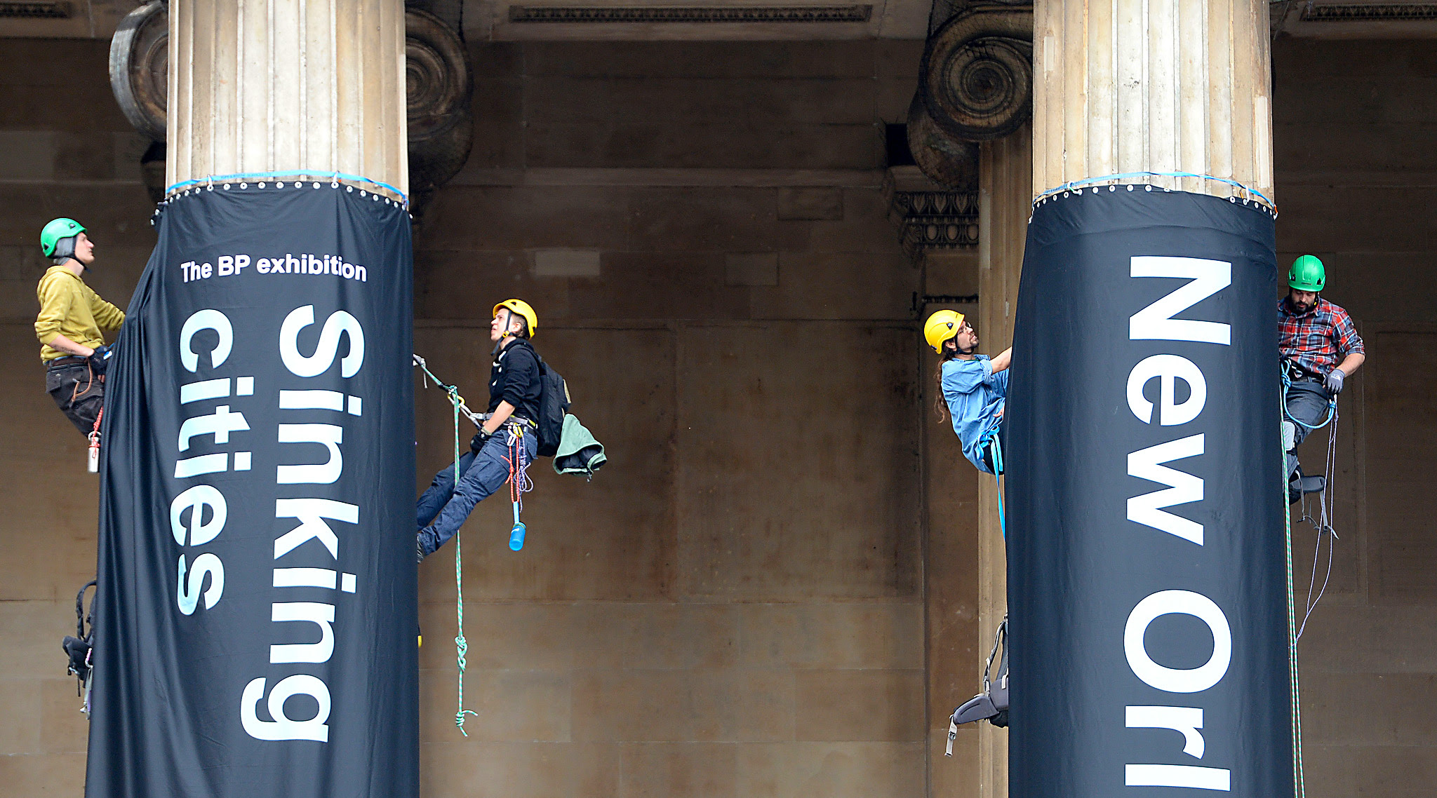 Greenpeace protesters climb the British Museum in London, in protest against BP's sponsorship of the museum's Sunken Cities exhibition. PRESS ASSOCIATION Photo. Picture date: Thursday May 19, 2016. See PA story ENVIRONMENT Protest. Photo credit should read: Anthony Devlin/PA Wire