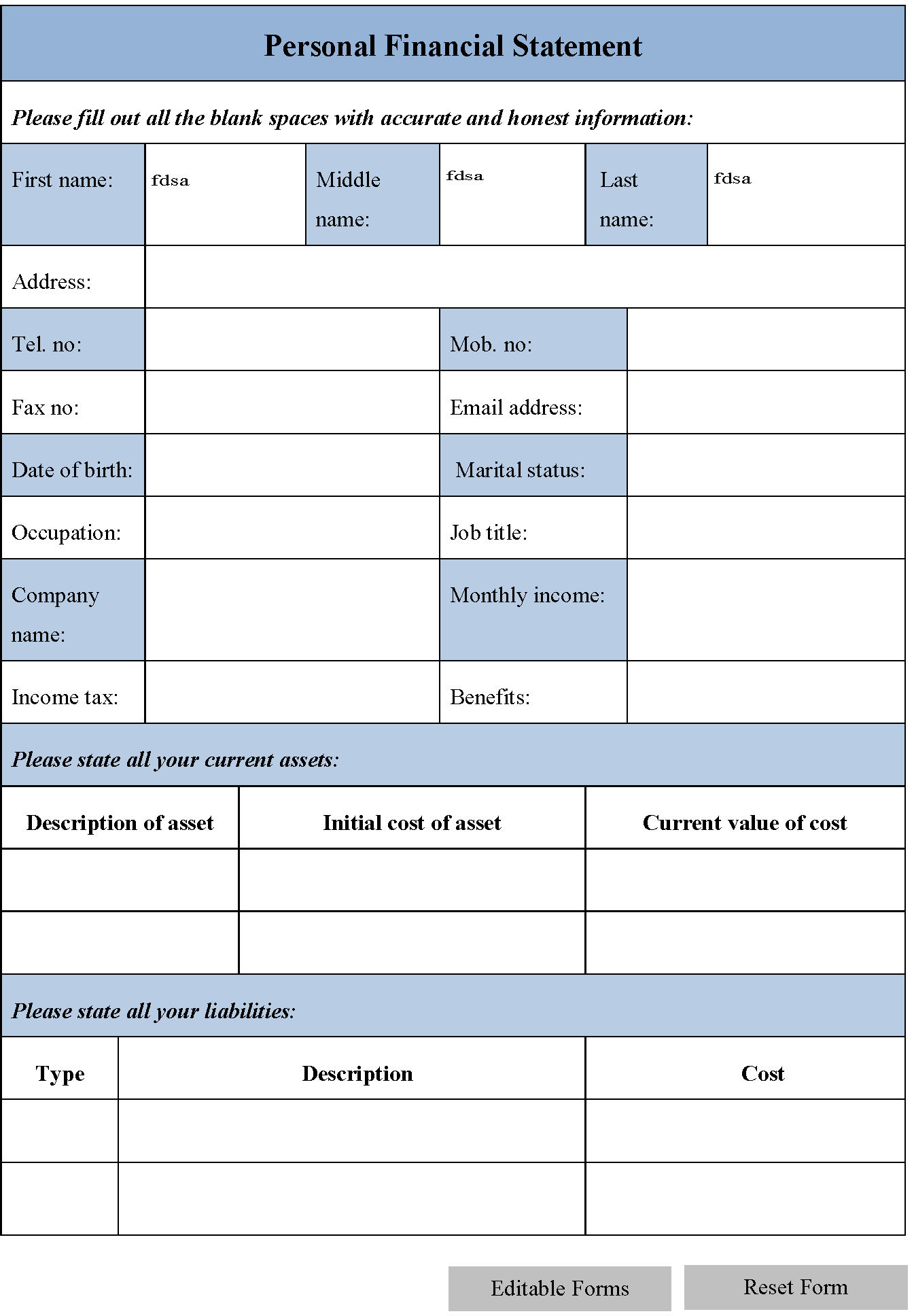 Asset Statement Template | HQ Printable Documents