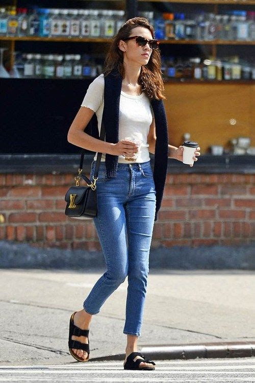 >>> Alexa Chung on the street in NY with coffee and what looks like Birkenstocks