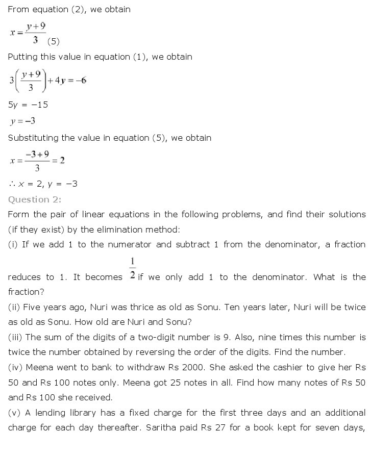 NCERT Solutions for Class 10th Maths Chapter 3 – Pair of Linear Equations in Two Variables