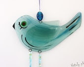 fused glass  Windchime / Suncatcher bird in Blue green - virtulyglass