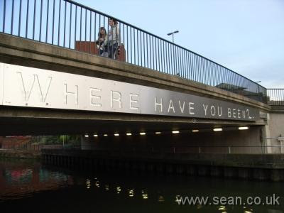 Bridge with the words 'where have you been?' carved in its design