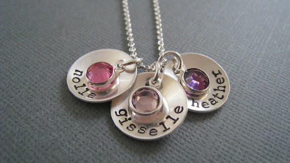 Hand Stamped Mommy Jewelry - Personalized Sterling Silver Necklace.... Dommed Trio with Swarovski Birthstones