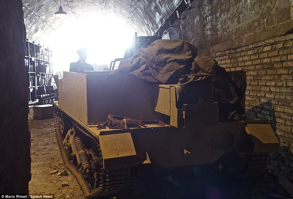 The bunker was intended to shelter top-secret documents and people. Pictured is a World War Two tank inside the structure, showing that it also housed military equipment