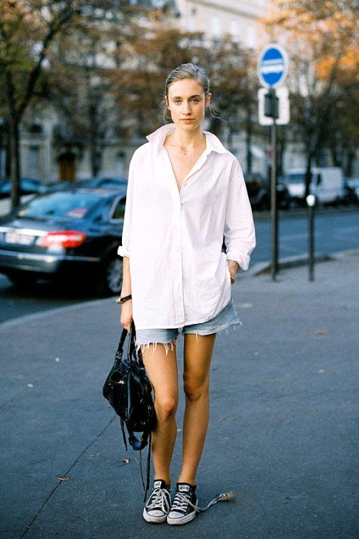 Le Fashion Blog Casual Weekend Style White Button Down Shirt Cut Off Denim Shorts Black Bag Converse Sneakers Via Vanessa Jackman