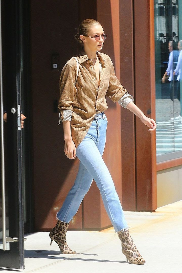 Le Fashion Blog Gigi Hadid Silk Mens Pajama Shirt Raw Hem Jeans Leopard Print Boots Via Vogue 
