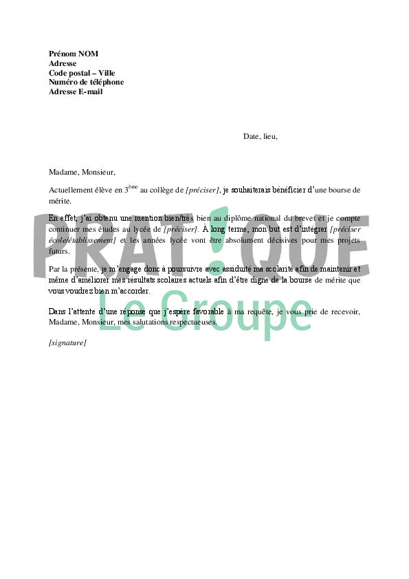 Application Letter Sample Modele De Lettre De Demande Bourse