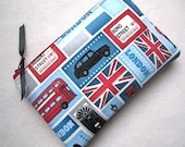 Zip Pouch Gadget Purse Coin Padded- Love LONDON trolley cars flags - Blue White Red Gray Black