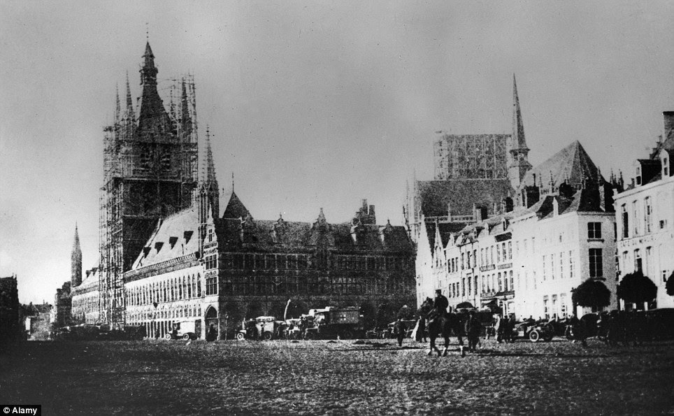 Standing proud: How the Cloth Hall looked just before before the 1st bombardment by the Germans during the first battle of Ypres in October 1914