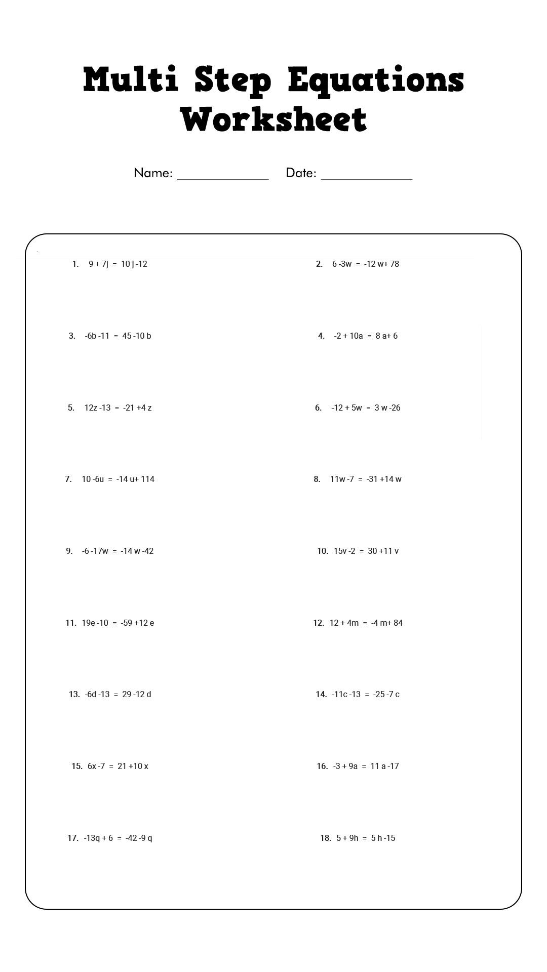 Easy Two Step Equations Worksheet With One Step Equations Worksheet Pdf