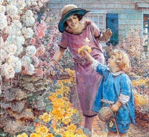 Mother And Child In A Flower Garden
