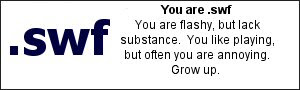 You are .swf	 You are flashy, but lack substance.  You like playing, but often you are annoying. Grow up.