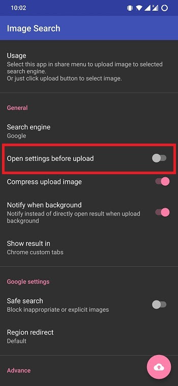 Disable image search app setting