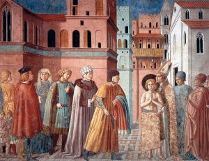 Quadro do conhecido episódio em que o pai de Francisco apela ao bispo para fazer cessar as "extravagâncias" do filho, que se apressa a despojar-se até da própria roupa do corpo para reparar a ganância do pai.