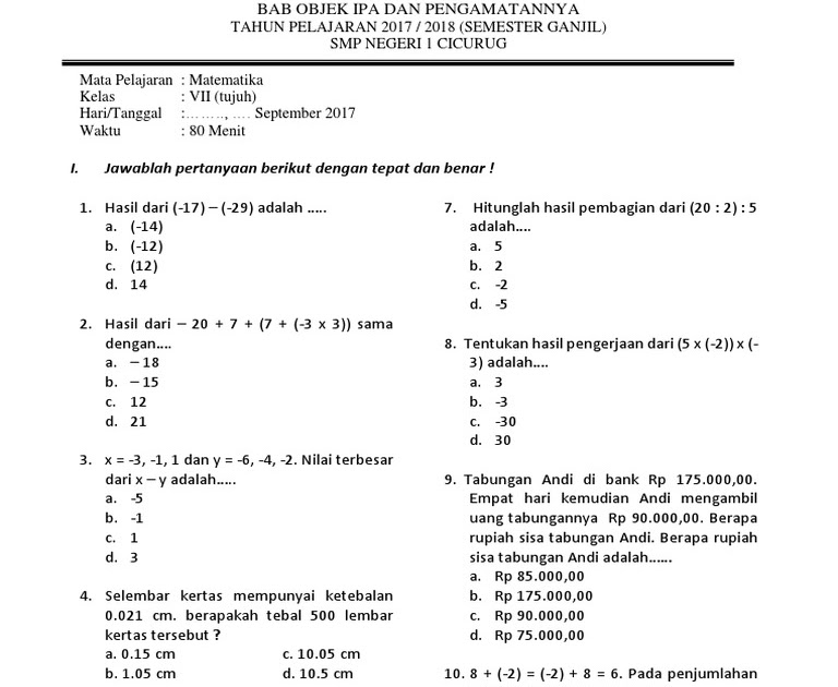 Contoh Soal Ipa Fisika Kelas 7 Semester 1 Beserta