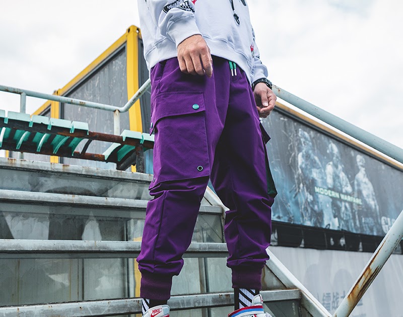purple and yellow joggers
