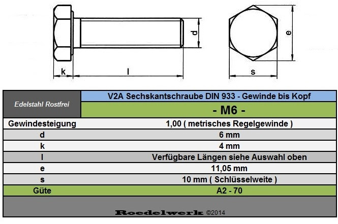 M6 Schraube Innensechskant Maße : DIN 912Edelstahl A2 V2A- rostfrei