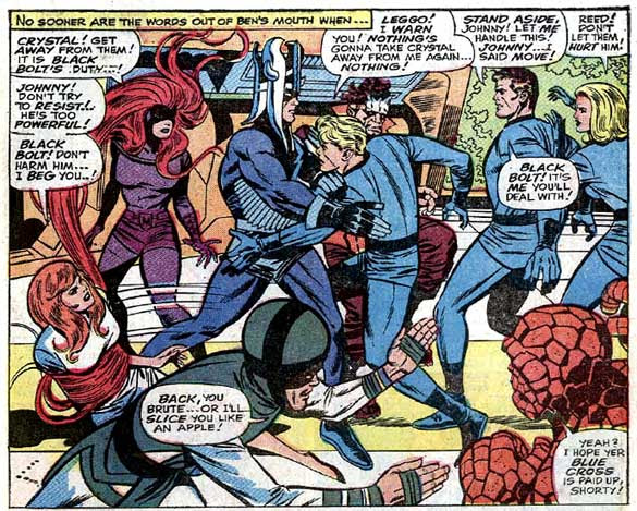 'Okay, has everybody had their line in this panel? Everybody talked? Oh, wait, we forgot Black Bolt. Go ahead honey, speak your line!' February 1966 Marvels